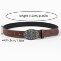 Detail view of vintage embossed leather belt with silver floral buckle and size dimensions - 3#-Brown Belt Bull Head Buckle
