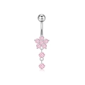 Surgical steel belly button ring with pink zircon flower pattern and dangling stones - Pink Plum Blossom