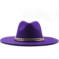 Close-up of deep purple wool jazz fedora hat with a thick gold chain decoration - M (56-58cm) / Purple