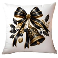 Detail of luxury black and gold Christmas bow and bells printed on a beige cushion cover - Arabesque Pattern Bell