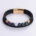 Bracelet double en cuir tressé noir avec fermoir magnétique doré et perles de pierre naturelle - Style Or A (Double Tour Noir/Fermoir Doré/Zoisite)