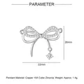 Detail of silver bow pendant with cubic zirconia inlay and precise size dimensions - Silver Pave Bowknot Style (YE008-1)