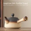750ml dark brown gradient stoneware tea pot with wooden handle for charcoal stoves - 750ml / Auspicious Side Handle Pot (750ml) / 22cmx11.5cm