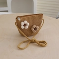 Handcrafted straw crossbody bag featuring crochet 3D flower accents and zipper closure - Bag-Khaki