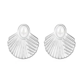 Silver geometric fan-shaped stainless steel earrings with white pearl inlay - Shell Earrings with White Faux Pearls Steel (MS-445)