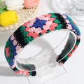 Pink floral knitted headband featuring sweet pastoral style handmade embroidery pattern - Black Thin Style