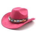 Detail of rose red suede western hat featuring a leather band with turquoise and amber stones - M (56-59cm) / Rose Red Suede