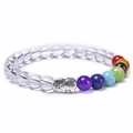 Makro-Detail des Chakra-Perlenarmbands mit bunten Steinen und silbernem Elefanten-Anhänger - Weißer Quarz-Elefant Armband