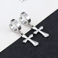 Polished titanium steel hoop earrings featuring textured cross charms in a modern style - Four-Pointed Star - Steel