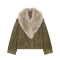 Chaqueta de antelina para mujer en verde oliva con cuello de piel sintética gris - XS / Verde oliva