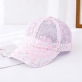 Detail of pink mesh baseball cap featuring decorative fabric flowers and shiny sequins - L (58-60cm) / Light Pink