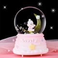 Pink cartoon crystal ball music box with a dog figurine on moon and Lovely base - White Scarf Dog - Pink
