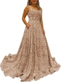Champagne gold sequin prom gown with thin straps and hidden side pockets for events - US size 2 (S) / Tops / Champagne