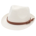 White straw trilby fedora hat for men and women featuring a brown faux leather belt - White