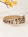 Leopard print belt detail featuring a gold star and moon rhinestone buckle on faux fur - 1422 Golden Octagonal Star Buckle (Leopard Print with Beaded Edge)