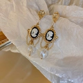 French vintage cameo earrings with gold plating and hanging crystal pendant - Gold Portrait Studs with Crystal Dangle (28# Silver Needle-Gold Crystal Portrait)