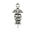 Macro view of silver medical caduceus pendant with detailed snake engraving - Antique Silver Caduceus 13x24mm