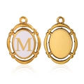 Oval gold-plated stainless steel letter M pendant with white enamel inlay and vintage frame - Letter M