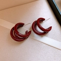 Three-layer dark red geometric hoop earrings with silver needle on beige fabric - 19# 925 Sterling Silver Earring Post - Red - Multi-layer Painted C-Shape Studs