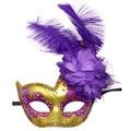 Maschera piumata per carnevale con glitter viola e fiori di stoffa decorativi - Oro Viola