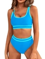 Dettaglio bikini sportivo blu con bordi a contrasto in azzurro e tessuto elasticizzato - S / Celeste