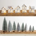 5 LED snowy wooden houses and 8 sisal Christmas trees with wood bases for table decor - 8 Trees + 5 Flocked White Houses Set