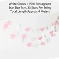 Pink star and white circle paper garland decoration, 4m long with 33 pieces for parties - 4 Meters / White Circle Pink Star Garland