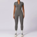 Short sleeve dark grey yoga bodysuit with front zipper closure and full length slim fit - Marl Grey