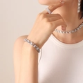 Silver stainless steel jewelry set with sparkling square zircons on Cuban link chains - Silver Color White Zirconia Bracelet-16+5cm