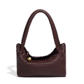 Dark brown hand-woven leather tote bag with a unique matte gold sphere metal accent - Dark Coffee