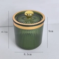 Green ribbed cotton swab jar with gold knob lid, dimensions 8.5x10.3cm for storage - Striped Handle / Light Green