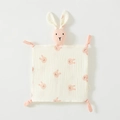 Beige cotton gauze baby security blanket with pink bunny pattern and knotted corners - Pink Bunny (Floral Rabbit)