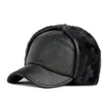 Casquette d'hiver en cuir PU pour homme avec protège-oreilles en peluche chaude - Noir Avec Fourrure Noire