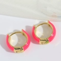 Fashionable pink enamel hoop earring with golden base and hidden clasp on white background - Rose Red