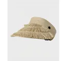 Beige straw visor hat featuring triple-layered fringe trim and a round side button detail - Light Khaki
