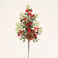 Artificial Christmas pick with red berries, green leaves, and natural pine cone decoration - Red Berry & Pine Cone Style
