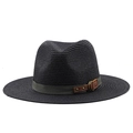 Detail of black straw fedora hat featuring grey ribbon with brown leather buckle accents - Black