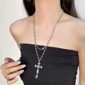 Silver multi-layer beaded necklace with gothic cross and crystal teardrop pendant - Dark Style Cross Style (PDX0745)