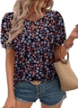 Detail of round neck floral top featuring blue and red prints and hollow-out design - S / 3# (Black Blue-Red Floral)