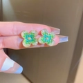 Floral crystal stud earrings featuring green and white stones with gold plating - 25# Silver Needle - Green Needle Round Flower
