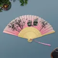 Japanese style pink panda folding fan with bamboo frame and silk tassel accessory - Pink Ink Panda and Green Bamboo (Style 81)