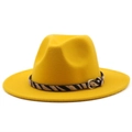 Close-up of bright yellow wool fedora hat featuring zebra print belt and metal buckle - M (56-58cm) / Yellow