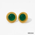 Retro round stud earrings with green agate stone and gold beaded edge finish - Green Agate (KDE2264)