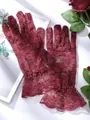 Elegant wine red lace gloves with floral mesh and vintage ruffle cuffs for women - Burgundy