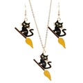 Schmuckset für Halloween mit schwarzer Katze und gelbem Besen, Halskette und Ohrringe - Grüne Augen Katze Ohrring Halskette Set