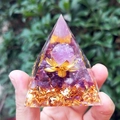 Macro shot of an Orgonite pyramid with amethyst, gold foil, and lotus crystal ball - QK03 Large Leaf Purple / 6cm