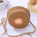 Children's straw crossbody bag with daisy embroidery and zipper for summer beach outings - Diameter 12cm / Small Round Bag Orange Daisy / Brown
