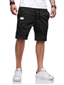 Detail van zwarte geweven strandshorts voor heren met elastische taille en trekkoord - S / Zwart