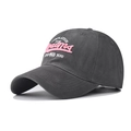 Detail of vintage washed cotton baseball cap featuring pink 3D embroidery and stitching - Adjustable / Gray