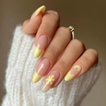 Uñas postizas francesas con flores amarillas en elegantes puntas ovaladas largas - Estilo Francés de Flores Amarillas (JP1580)
